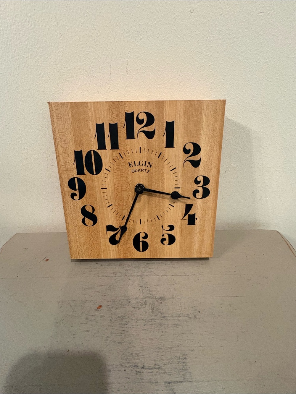 VTG Square Elgin Quartz Faux Butcher Block Wooden Wall Clock